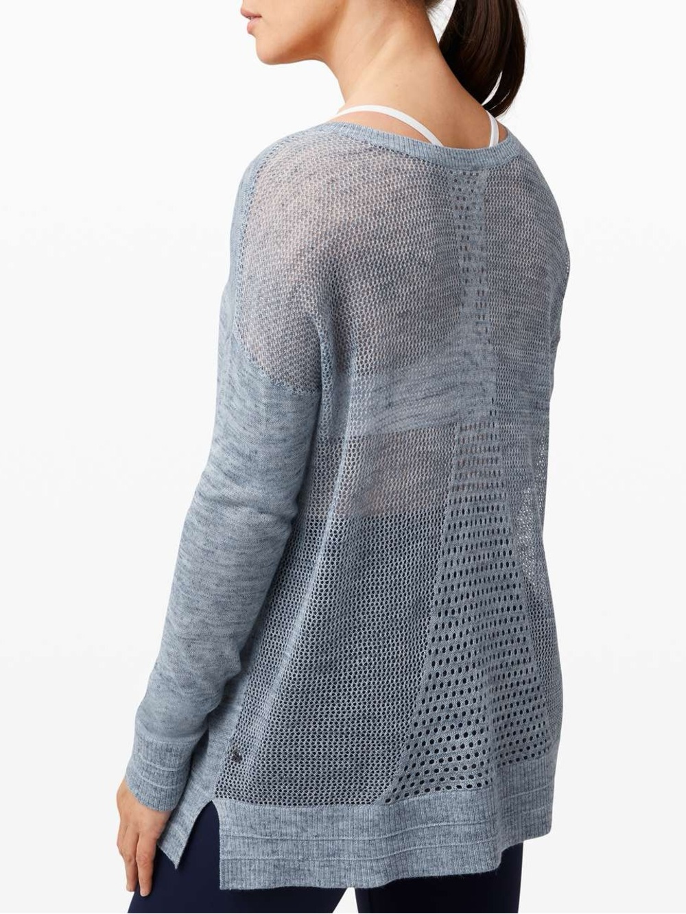 Lululemon Well Being Crew Sweater Blue Open Knit Mesh Back Lightweight Top
